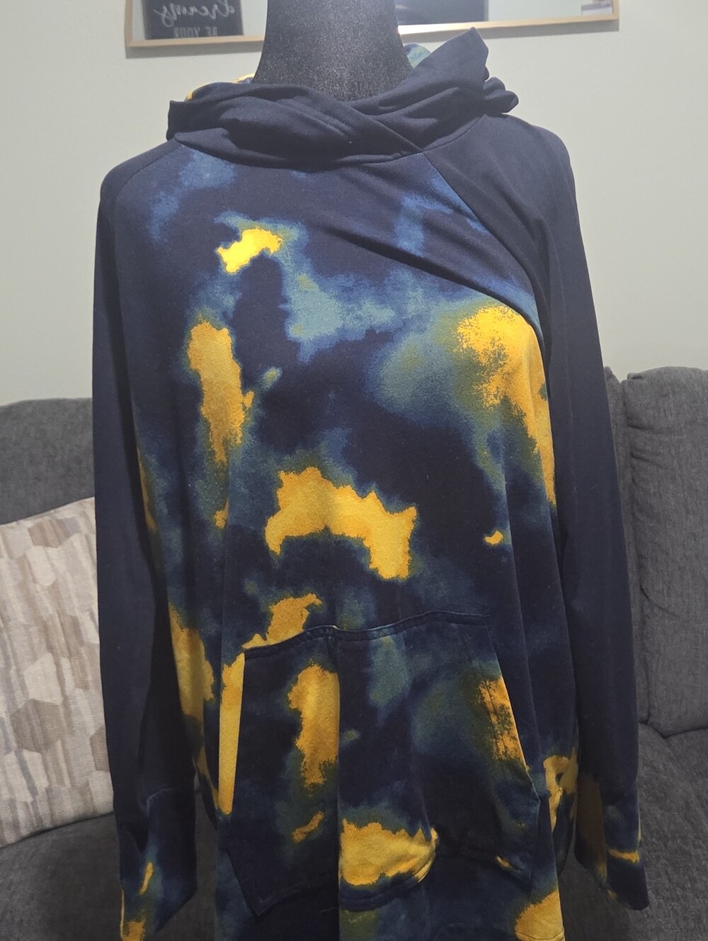 LuLaRoe Navy Hoodie with Yellow and Teal Tie-Dye